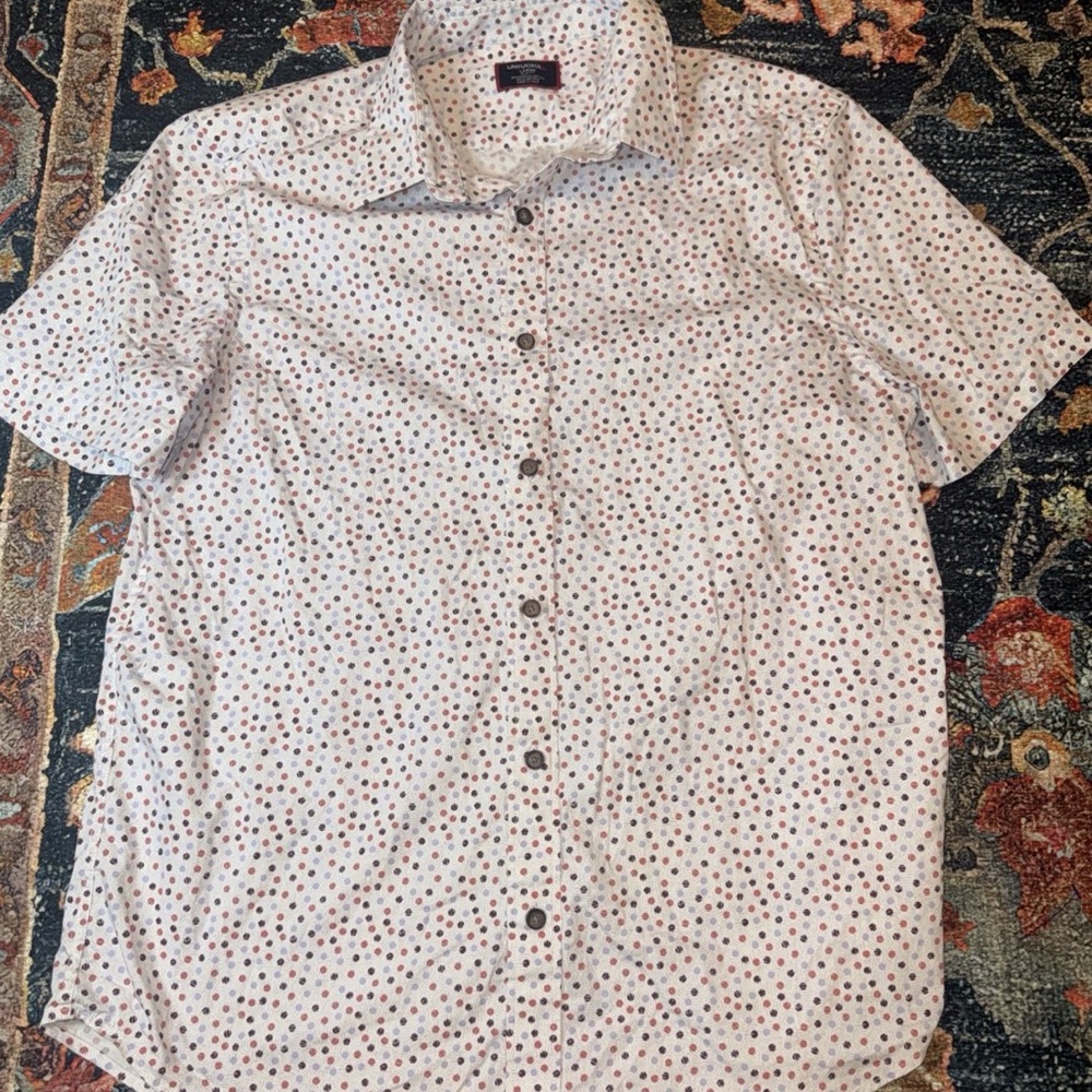 Untuck it Slim For Shirt L  Organic Cotton White Purple Short Sleeve Men